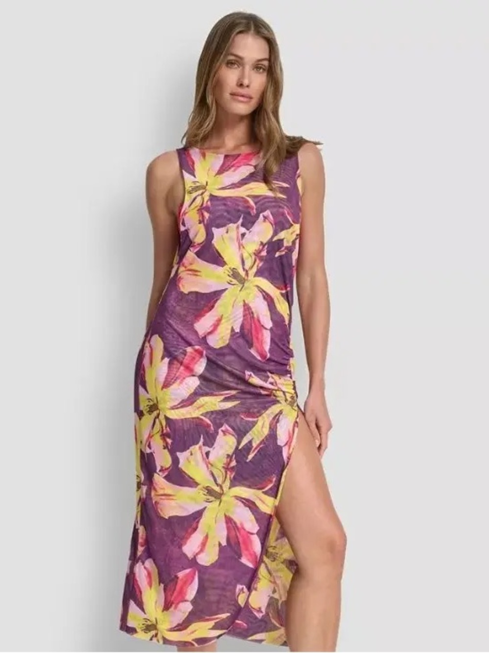 Mesh Maxi Dress Sleeveless Purple Floral Maxi Dress with Yellow & Pink Accents